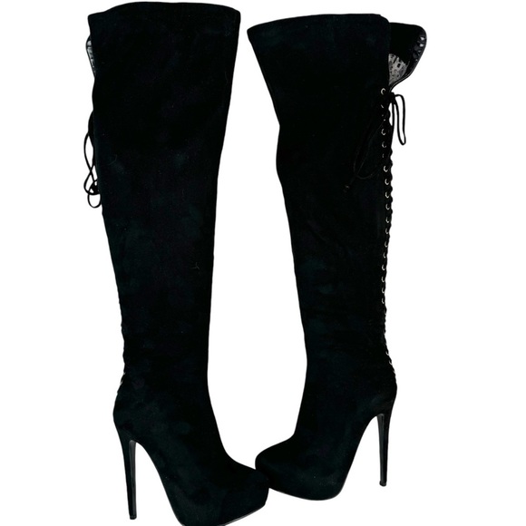 Steve Madden Ladysnte Lace Up Thigh High Boots Platform Black Faux Suede SZ 6.5 - Picture 7 of 16